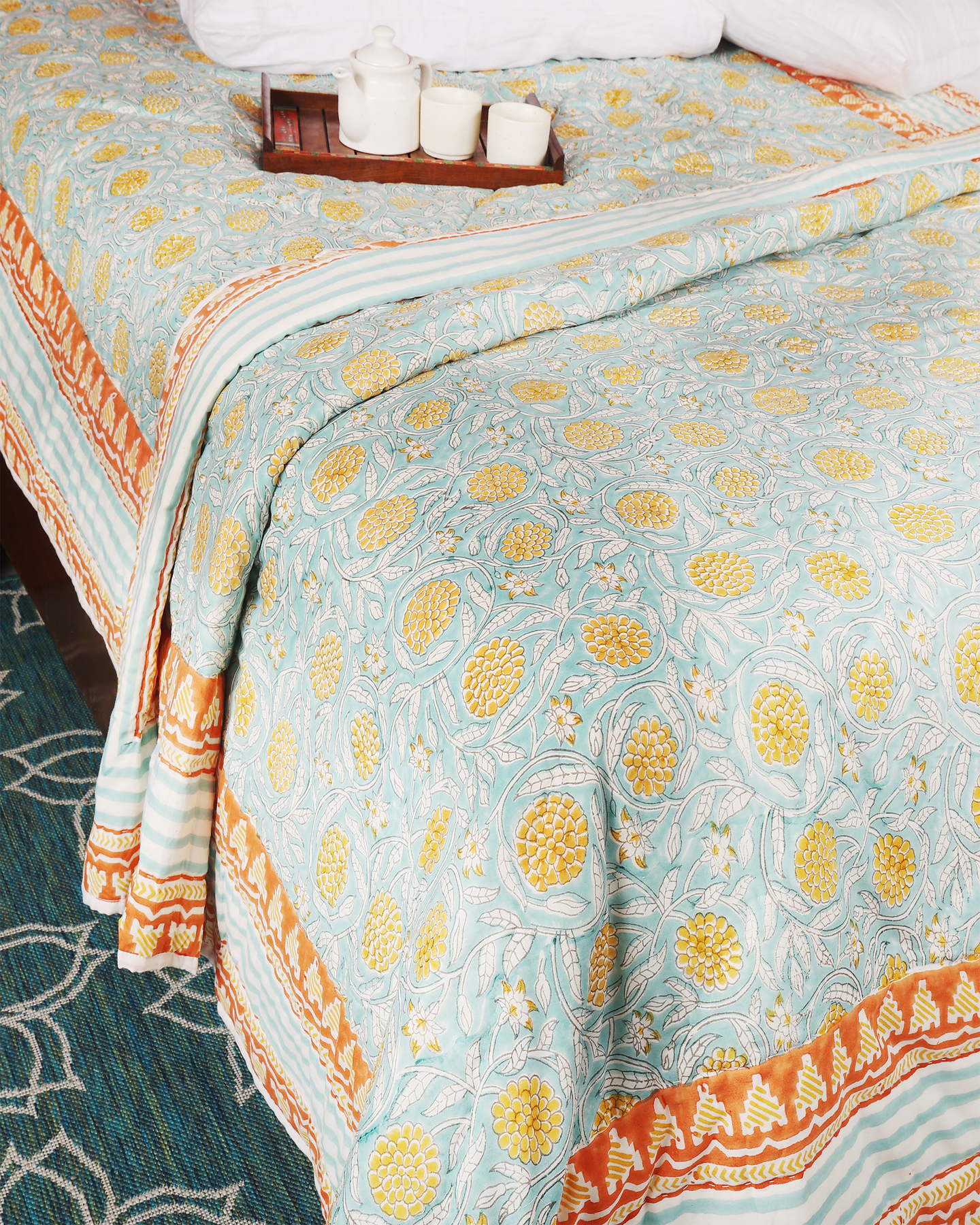 Light Blue Hand Block Printed Reversible Single Quilt Set